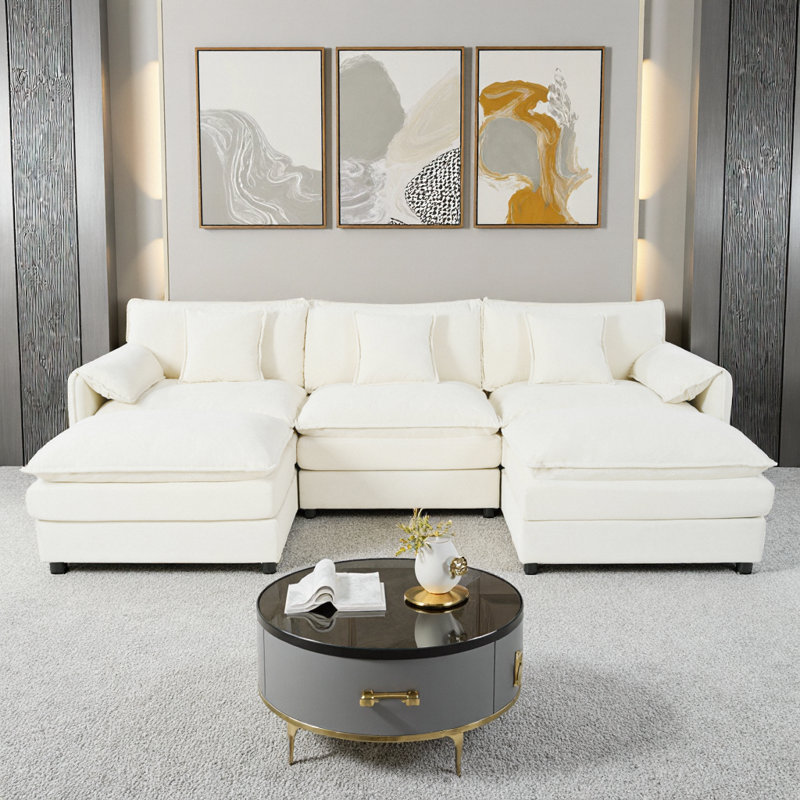 Élégant canapé modulaire en U modulaire avec assise profonde et repose-pieds en chenille beige, Beige