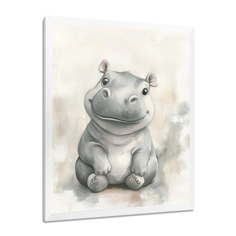 «Little Hippo in Soft Light II», reproduction d'art encadrée d'un petit animal gris, 32" H x 16" W, White Picture Framed
