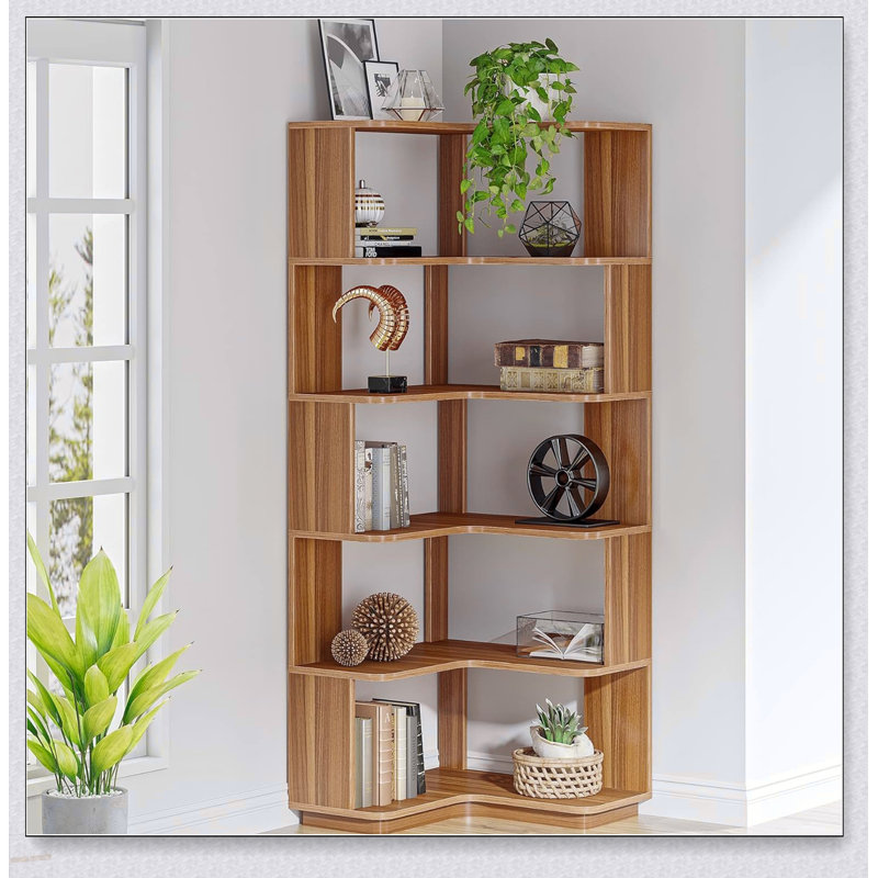 Bibliothèque de coin en L à 6 niveaux avec panneaux anti-chute et tablette autoportante en grain pour l'organisation de la maison et du bureau
