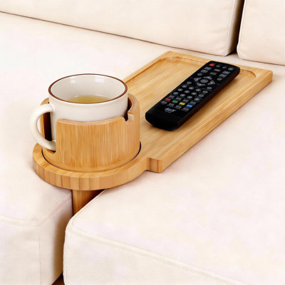 3-in-1 Bamboo Armrest Table & Cup Holder Tray Suitable for Sofas and Recliners - Removable Anti-Slip Snack Organizer with 360° Rotating Cup Holder, Space-Saving Shelf for Remotes, Phones, Snacks, Compatible for Couches and Armrests, Non-Food Contact