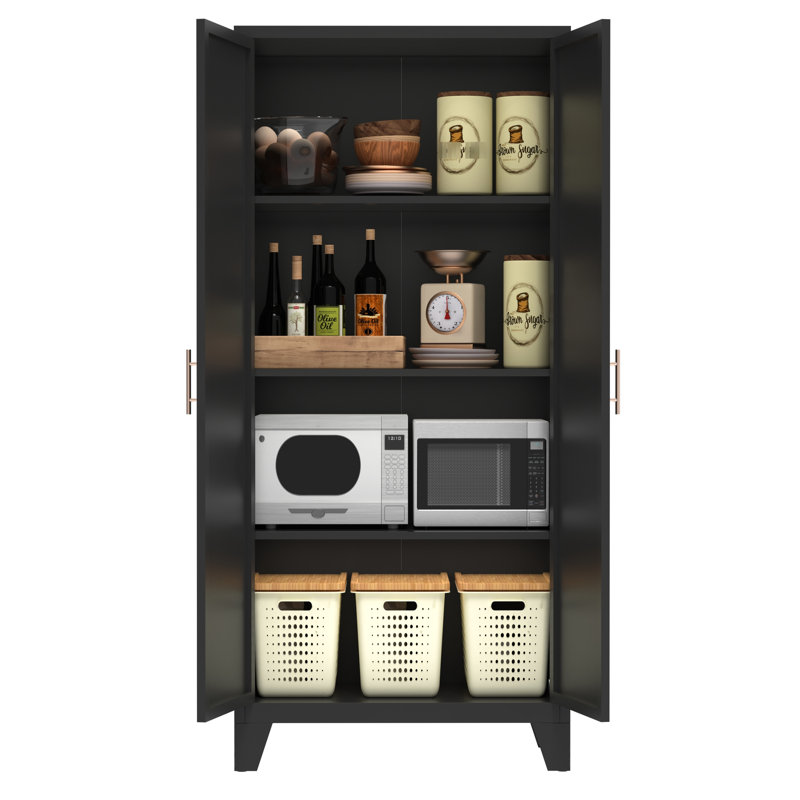 Armoire de rangement en métal de 155 cm (61 po) avec 2 portes élégantes, étagères réglables, noire, pour chambre, cuisine, bureau - Polyvalente, portes en acier noir faciles à nettoyer et idéale pour le salon, le corridor, grand espace de rangement.