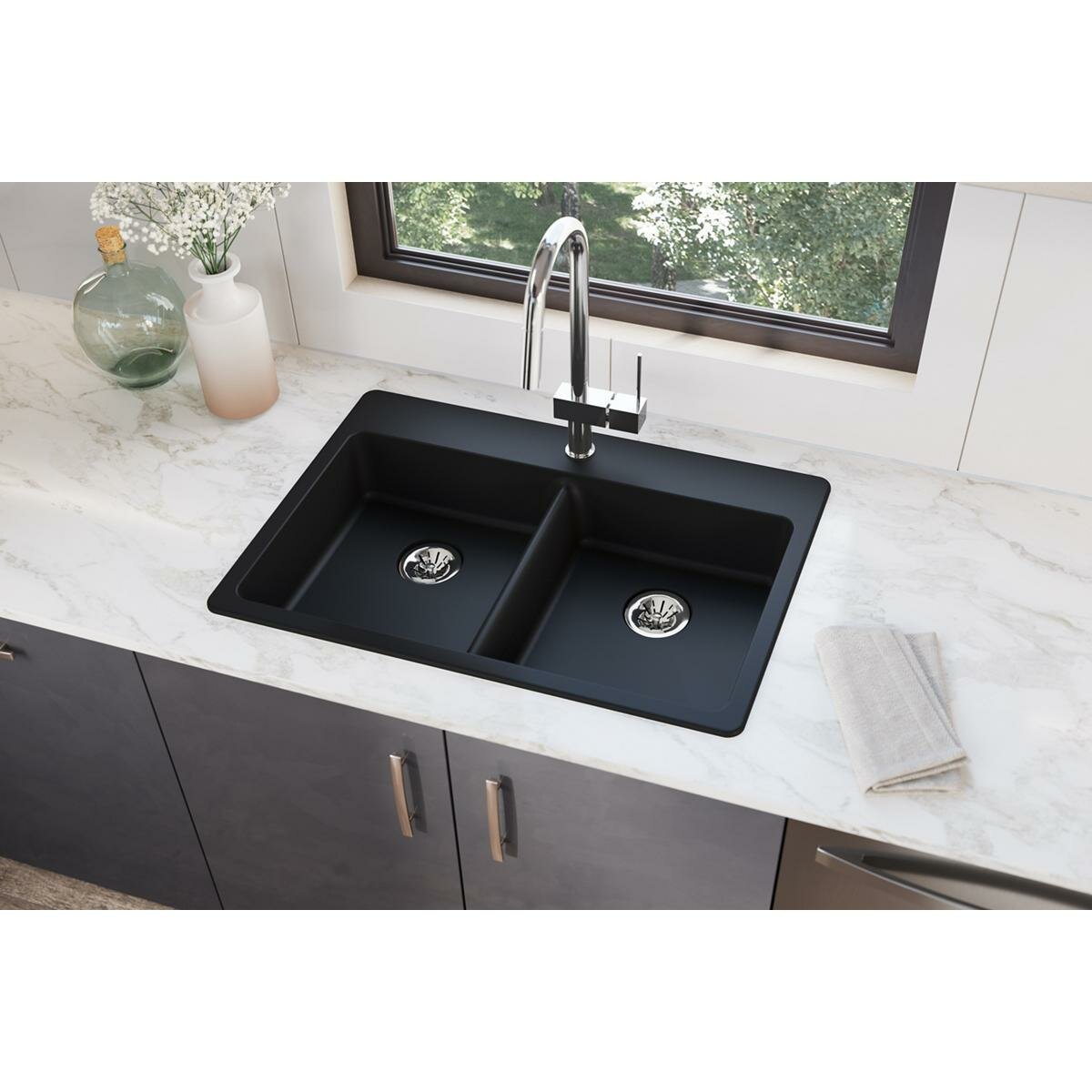 Elkay Quartz Classic Undermount 33-in x 22-in White Double Offset Bowl Kitchen Sink | ELGHU3322RWH0C