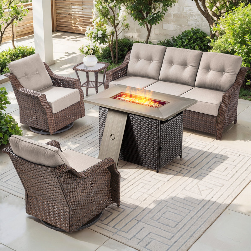 Sami 5-Piece Wicker Patio Furniture Set With Fire Pit Table, 6-Inch Ultra Thick Cushioned 360° Swivel Glider Chairs, Beige