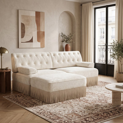 2-Seat Modular Sofa with Ottoman, Vintage-Inspired Fringe Skirt, Button-Tufted Back & Flexible Seating, Beige