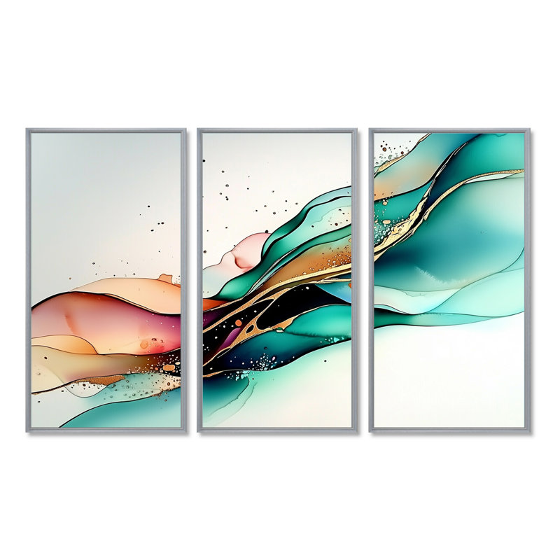 Violet éthéré de l'encre liquide Waves IV - ensemble d'art mural abstrait vagues modernes, H 32 po x l 48 po, Argent argent