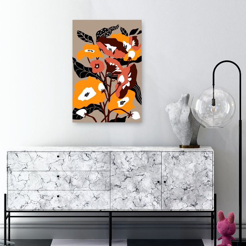 Affiche murale abstraite contemporaine représentant des coquelicots d'automne, avec des fleurs orange vif., 36" H x 24" W