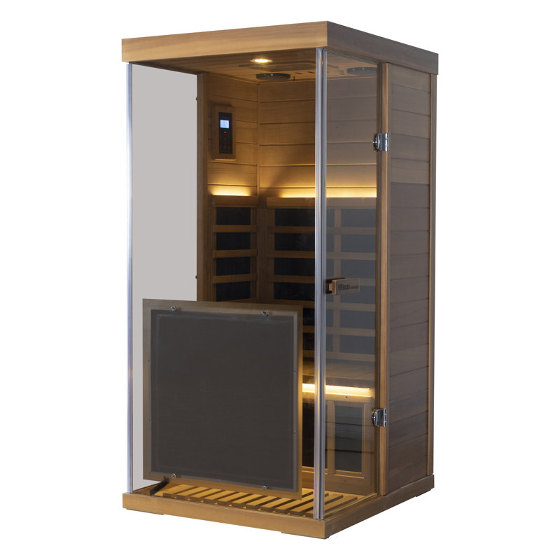Wizzisaunas 1-Person Far Infrared Wooden Sauna For Home, With 3-Sided Tempered Glass, Left-Facing Door Design, Built-In Bluetooth Speaker And Red Light Therapy