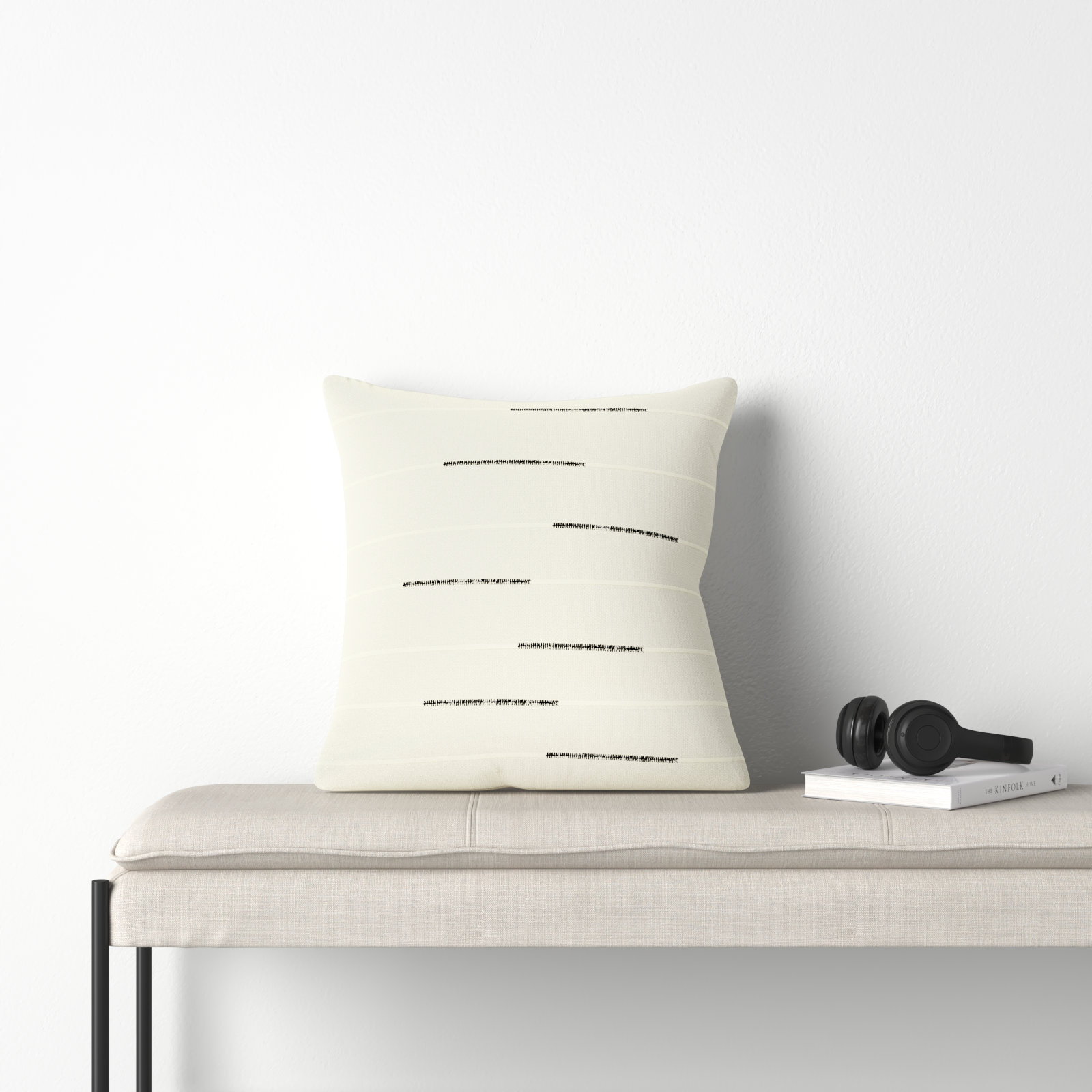 Oda Embroidered Cotton Throw Pillow, Ivory/Black