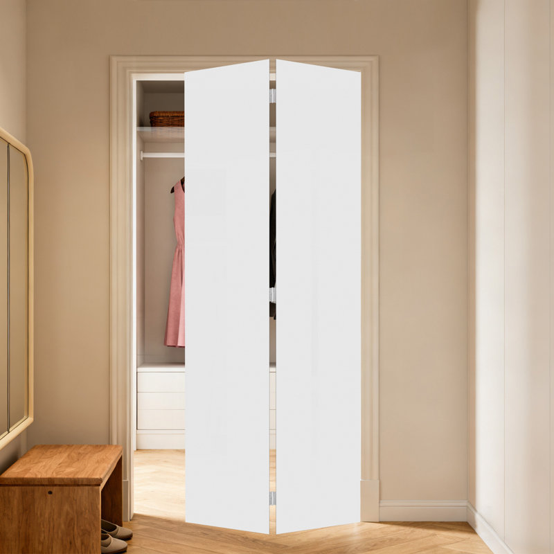 18Modern flat panel 60 in. x 84 in. Solid Core White Finished Vinyl bi-fold door With Hardware kit, 84" H x 60" W x 0.75" D
