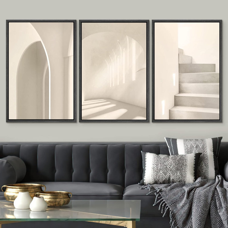 "Architecture Building", impression géométrique bicolore encadrée sur toile, 3 pièces, Noir, H 24 po x l 48 po x P 1,5 po