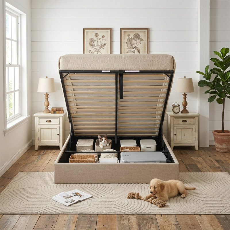 Lit plateforme tapissier avec rangement relevable, Grand, Marron clair