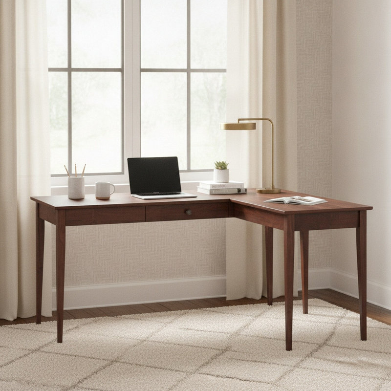 Bureau en L en bois massif Malani, Brown Mahogany