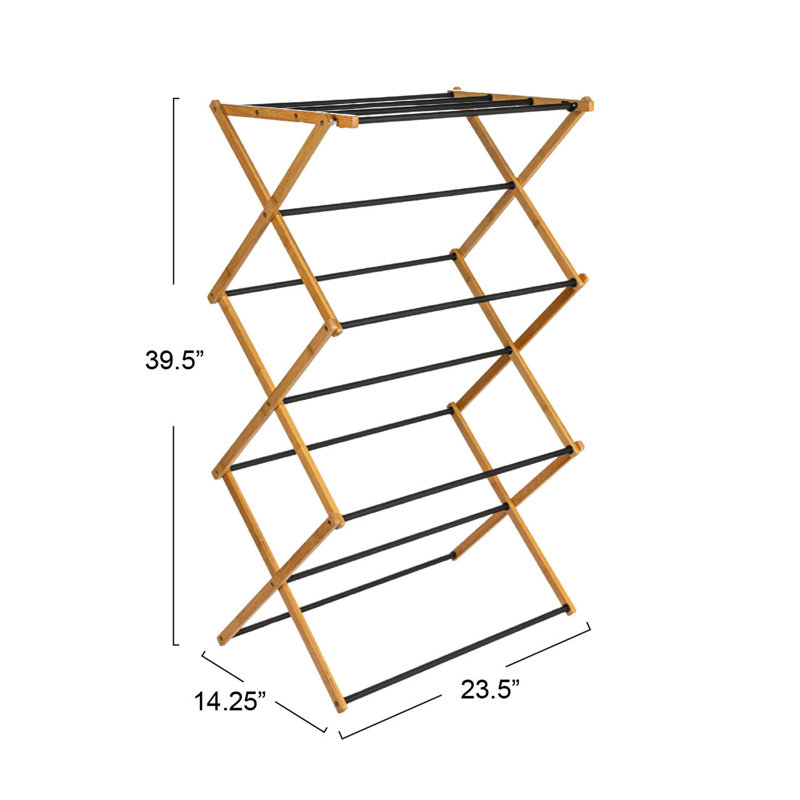 Compact Bamboo and Black Folding Clothes Drying Rack