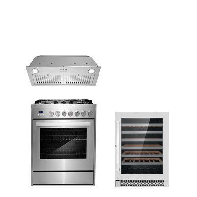3 Piece Kitchen Package With 30" Freestanding Gas Range 30" Insert Range Hood & 48 Bottle Freestanding Wine Refrigerator