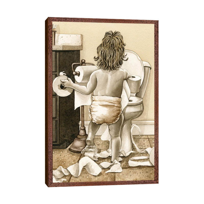 Toddler With Toliet Paper by Tracy Lizotte - Painting on Canvas, Classic Brown Wood Framed, 152.5 cm H x 101.5 cm W