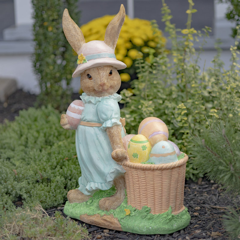 Grande statue de jardin en forme de lapin en magnésium 24 "avec panier de Pâques et chapeau de soleil" Anna Mae "