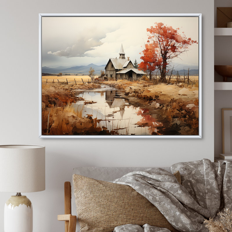«Peaceful Barnyard Landscape» sur toile, H 34 po x l 44 po x P 1,5 po, Cadre flottant blanc