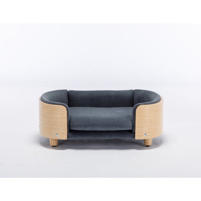 Canapé pour chien surélevé de style scandinave avec pieds en bois massif et dossier en bois cintré, velours, taille moyenne