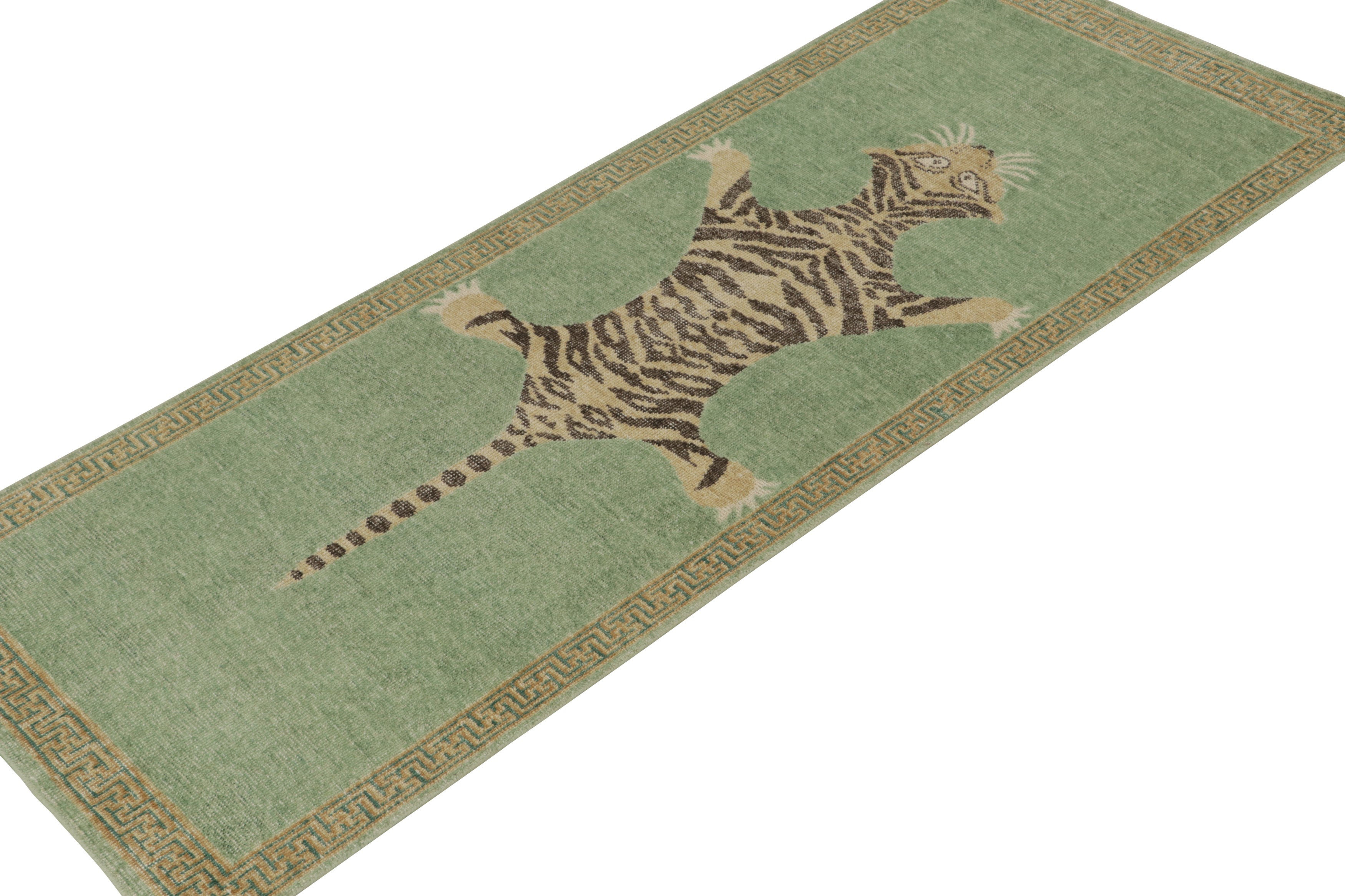 Rug & Kilim’S Distressed Tiger Runner In Green, Beige & Black Pictorial ...