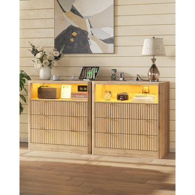 Fluted Night Stand With LED Light & Charging Station, Abella With 3 Storage Drawers, 31” Wide Top, Modern Farmhouse Bedside Table For Bedroom