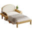 Structure de lit simple tapissier avec tête de lit courbée et rembourrée, pieds arqués et tablettes de rangement latérales, sans sommier, naturel