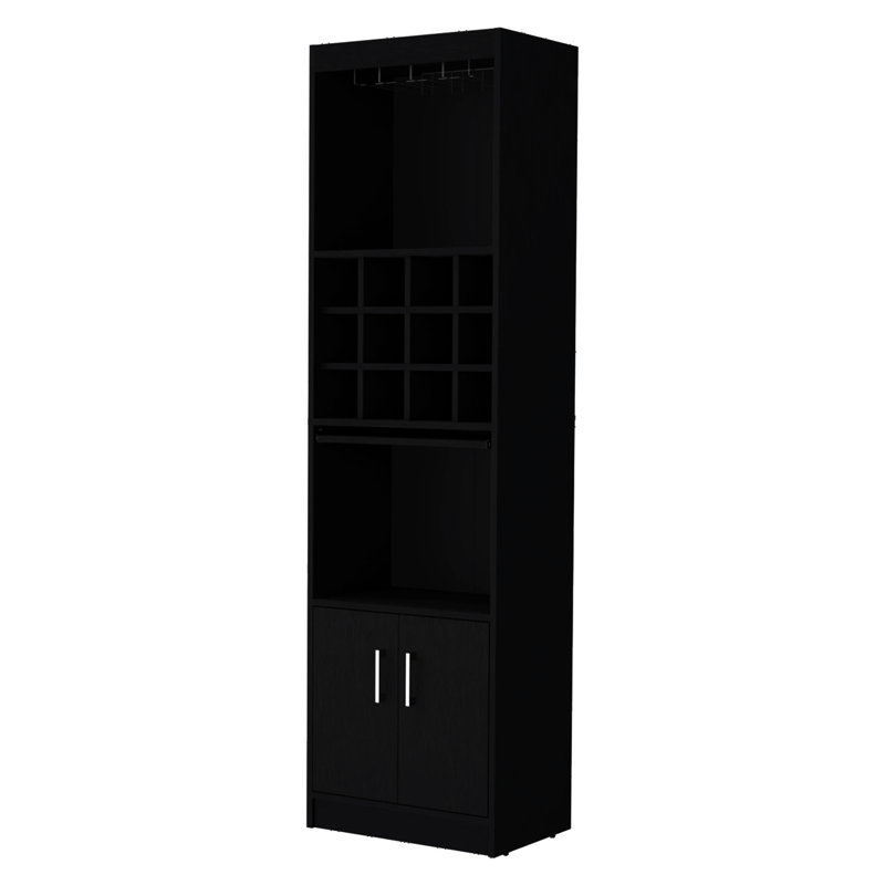Black Bar Cabinet For Home - Engineered Wood, 15 Shelves, Wine Holder, 71.1x20x13.3 Entertaining In, Black