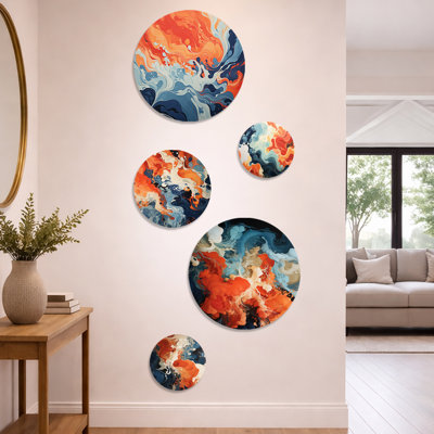 Blue and orange liquid ink waves I - Abstract Liquid ink Metal Wall Art 5 Piece Set