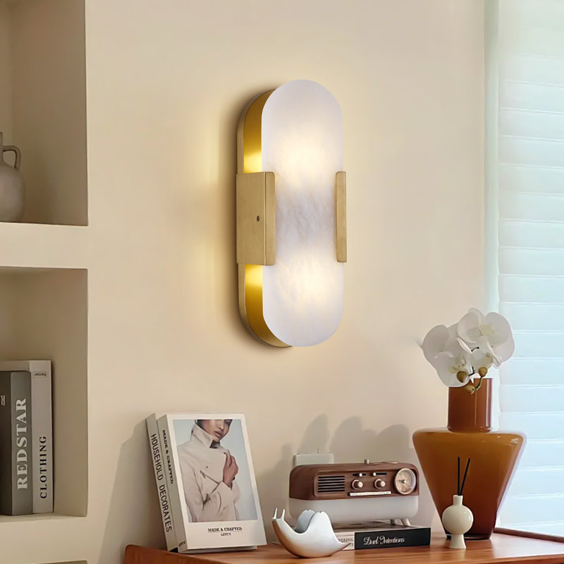 2-Light 14" Dimmable Wall Mounted Sconce with Alabaster Shade (Bulbs Included), Brass, No, 13.8" H x 4.6" W x 3.4" D