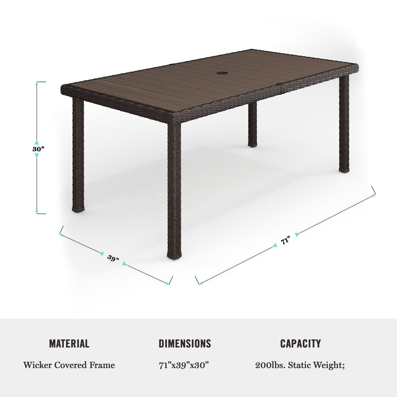 Table de patio d'extérieur en rotin avec plateau en bois d'ingénierie 71 po Martha Stewart Bedford, Brun