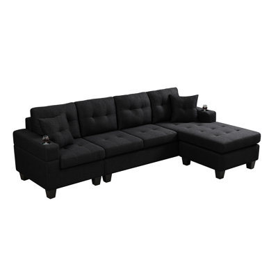 95.6" L-shaped Upholstered Sectional Sofa With 2 Cup Holders and 2 Throw Pillows