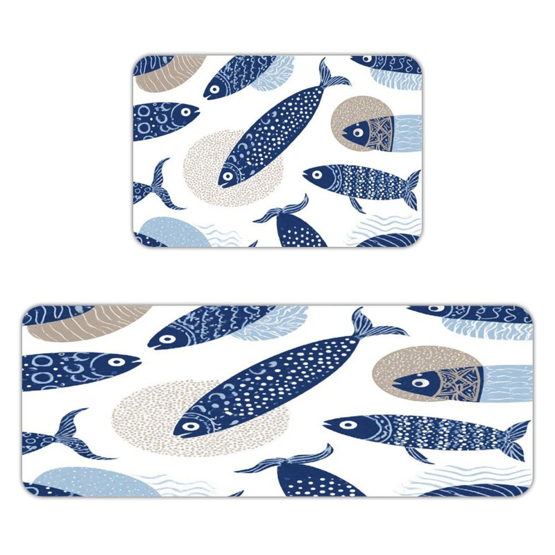 Tapis de cuisine bleu marine à motif de poisson, ensemble de 2, Imprimé animal bleu marine