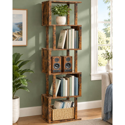 An anti-tip kit accompanies this rustic-brown S-shaped display bookcase, which measures 58.1 inches tall and offers 5 open tiers for offices, bedrooms, and living rooms.