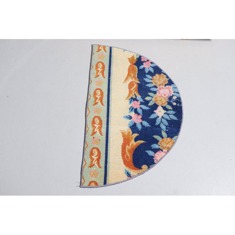 Vintage Small Round Turkish Oushak Rug - Tribal Blue Bathroom Carpet - Product Code 9533