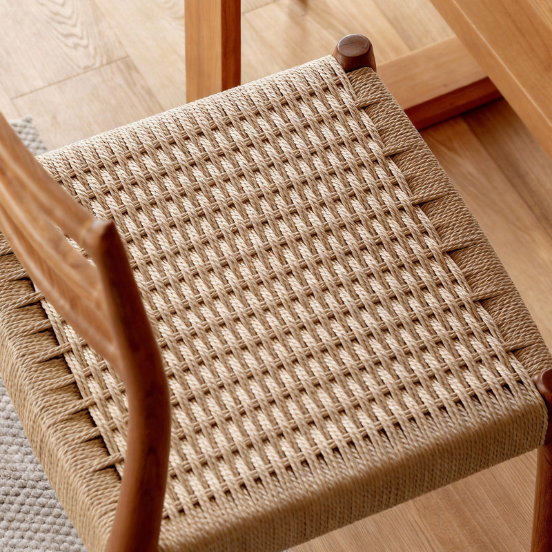 Mid-Century Modern 100% Solid Cherry Wood Dining Chair With Hand-Woven Paper Cord Seat, Ergonomic Slatted Backrest, Smooth Sanded Finish