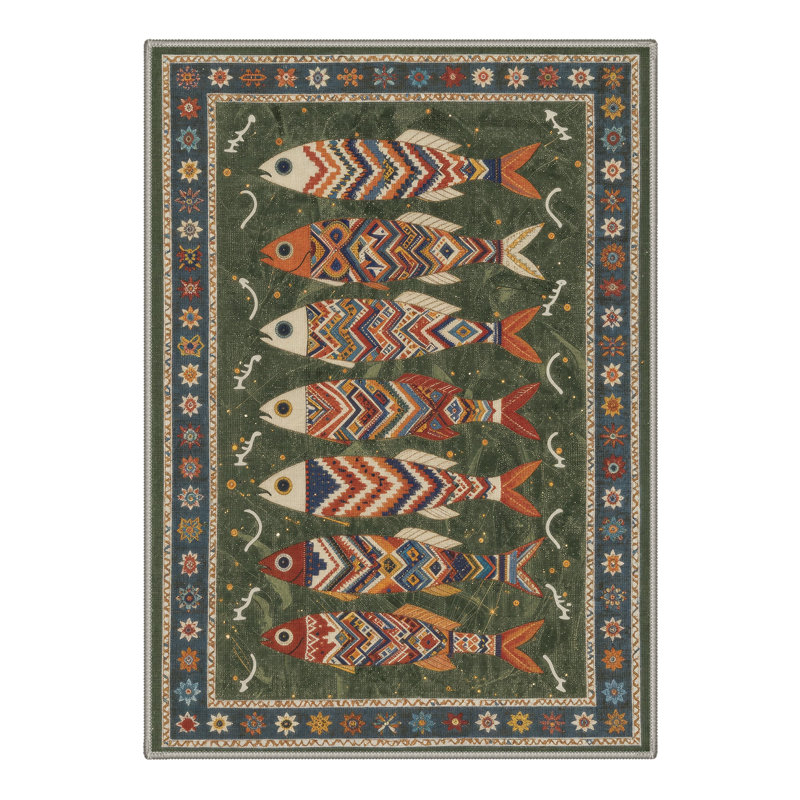 Mirage Geometric Machine Washable Green Indoor Area Rug with Non-Slip Backing, Round 5'