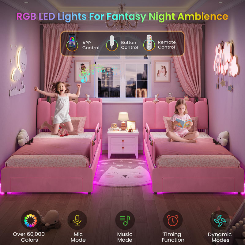 Twin-Size Upholstered Led Princess Bed Frame With Storage Drawers, Hidden Storage, Safety Rails, Charging Station, Heavy-Duty Metal Stand, Pink