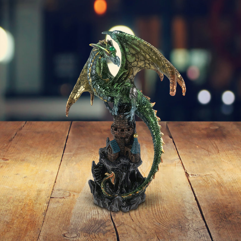 7.5"H Green Dragon on Castle Figurine