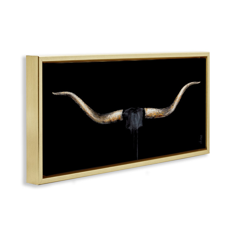 "Bull Horns", art animalier sur toile encadrée dorée par Dina D'Argo, H 14 po x l 31 po, Cadre flottant métallique doré