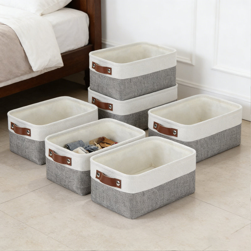 Storage Baskets for Shelves (6-Pack) – Fabric Closet Organizer Bins with PU Leather Handles, Collapsible Metal Frame for Linens, Toys, Towels in Living Room, Bedroom, and Nursery