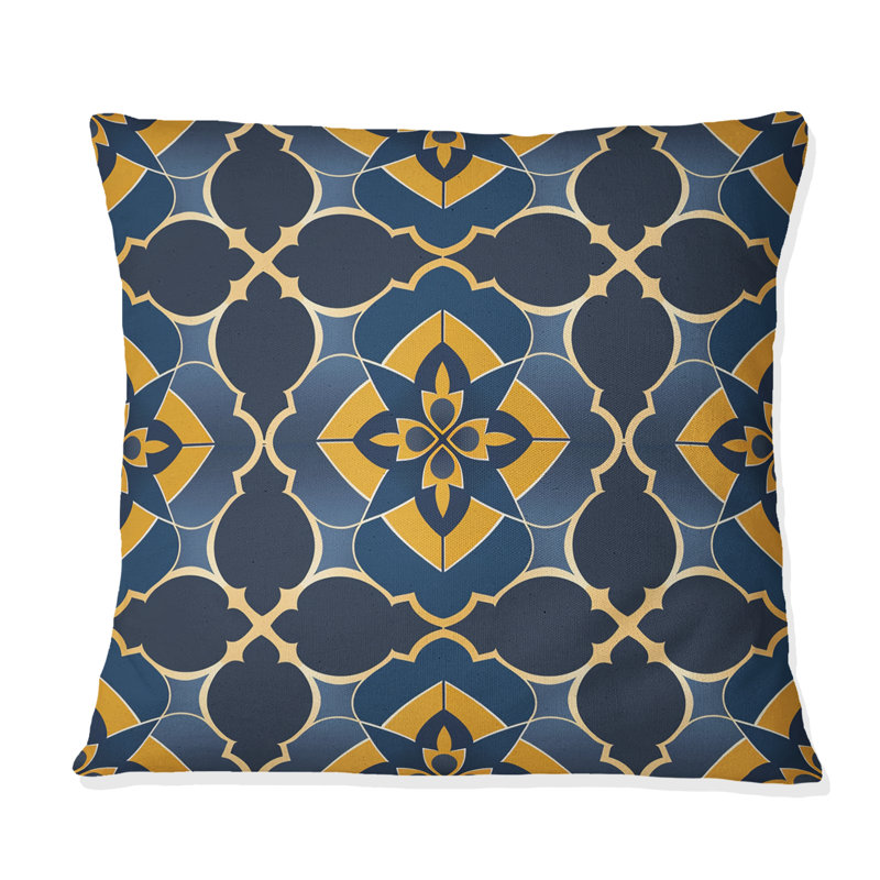Coussin moderne bleu et jaune quadrilobe I, H 16 po x l 16 po