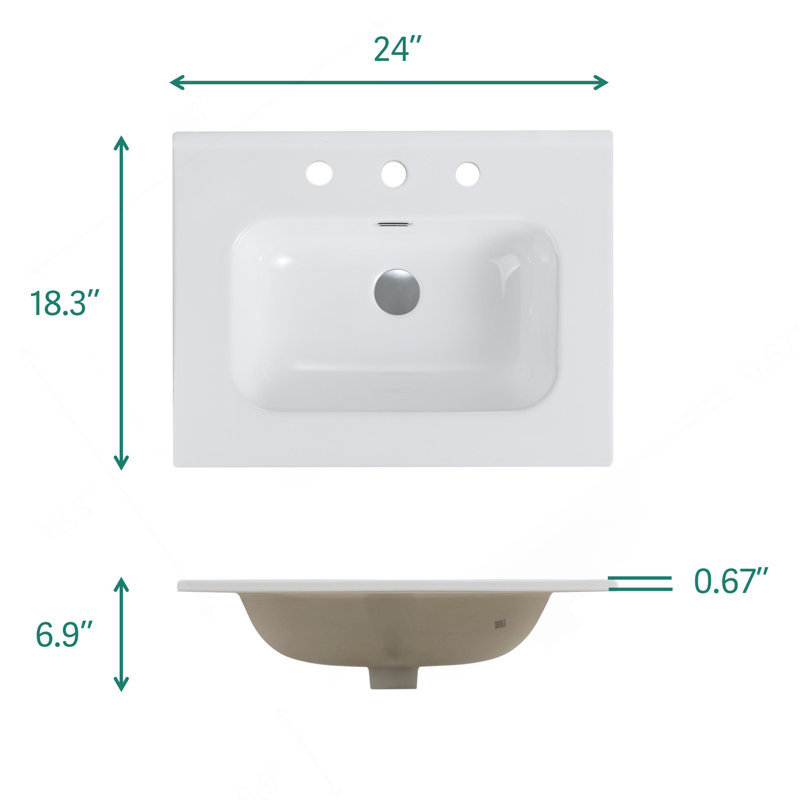 Lavabo intégré en céramique blanche avec trois trous de robinet pré-percés, ensemble de drain non inclus