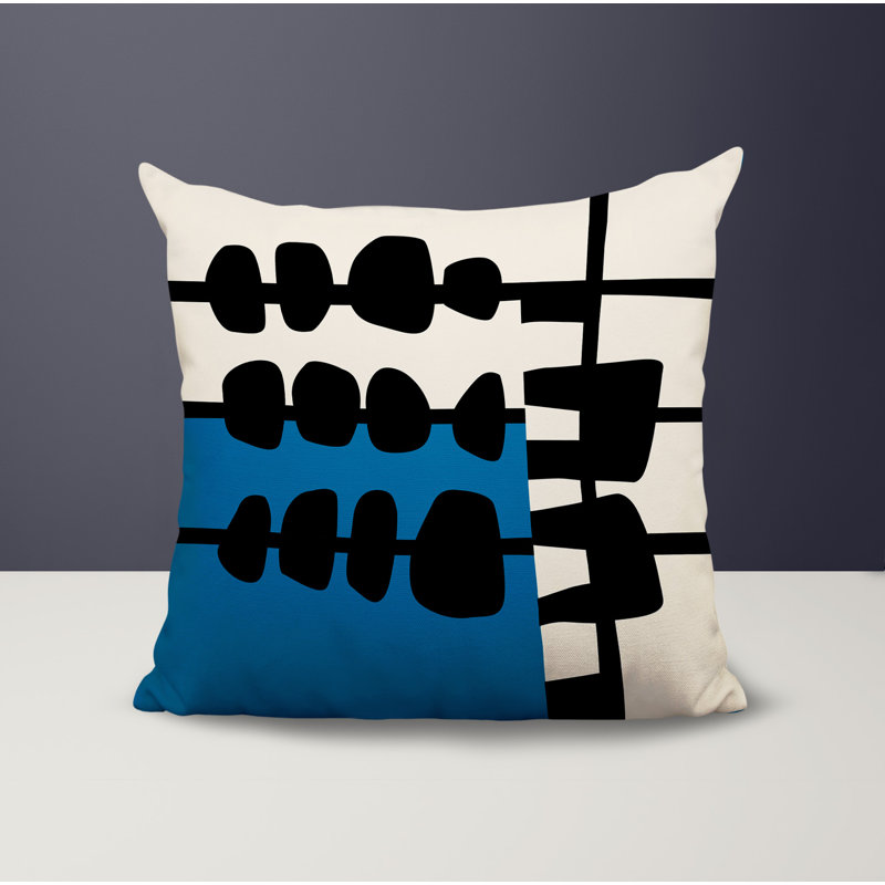 Oreiller carré réversible intérieur / extérieur Dola, H 17 po x l 17 po, Turquoise / noir / blanc cassé abstrait