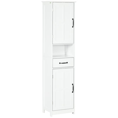 Slim Linen Storage - Tall Bathroom Cabinet With Open Shelf, Drawer, Recessed Doors & Adjustable Shelves, White Shelves In