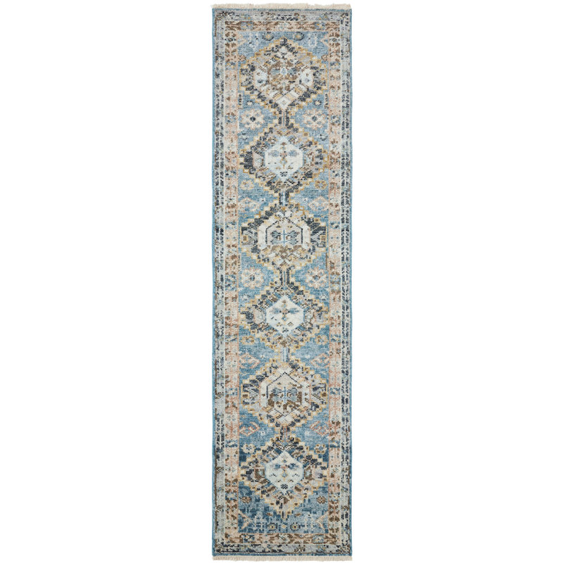 Pepa Hand Knotted Wool Area Rug, Blue/Beige, Runner 2'6" x 10'