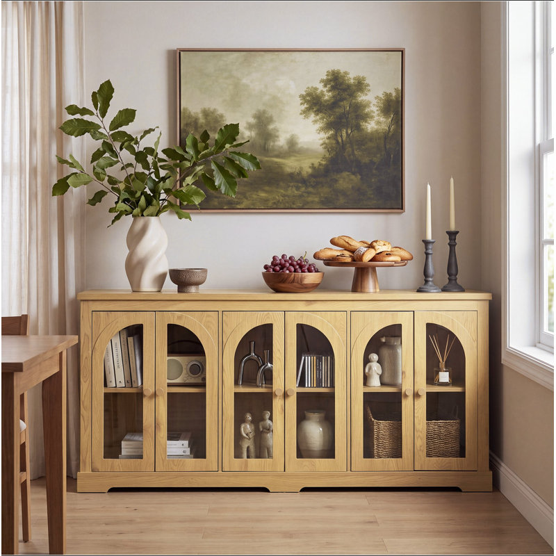 Buffet moderne de 173 cm (68 po) avec 6 portes en verre arqué, meuble de rangement avec étagères réglables, grand buffet pour salon, cuisine, entrée, couleur naturelle