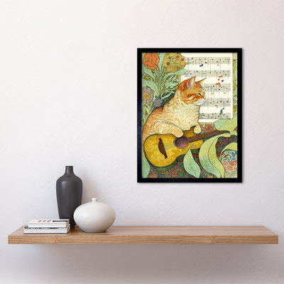 Orange Tubby Cat With Guitar And Sheet Music In Floral Nouveau Pattern - Single Picture Frame Print