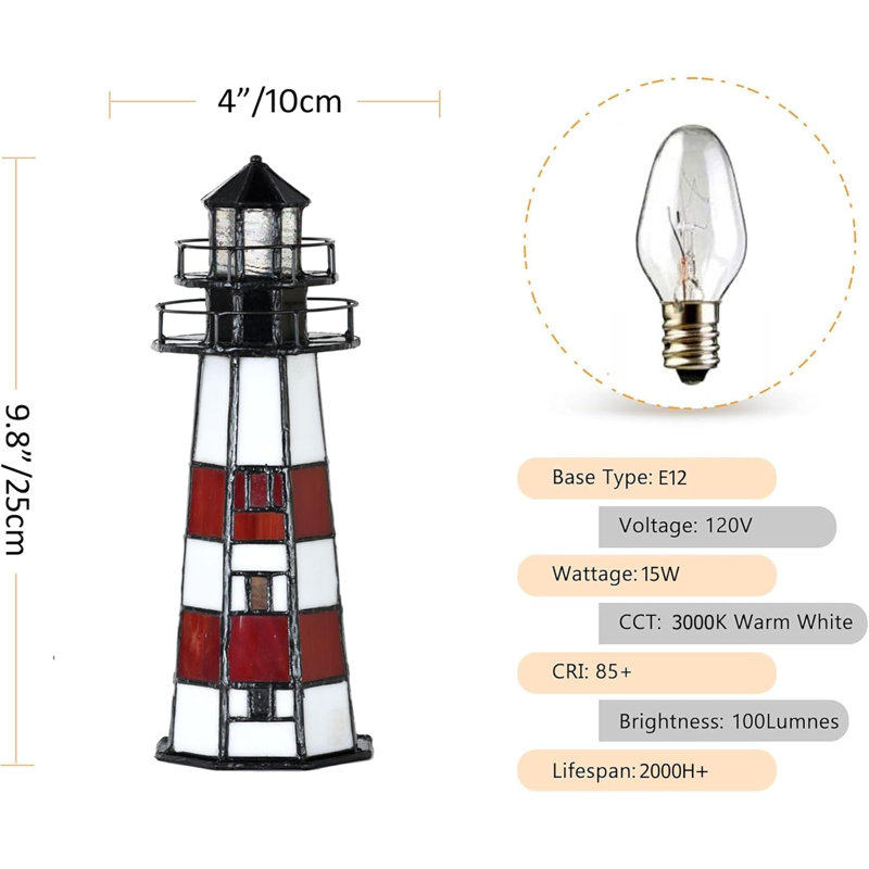 Tiffany-Style Lighthouse Accent Lamp - Red And White Stained Glass Table Light With 15W Bulb
