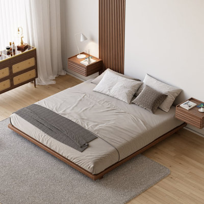 Japanese Style King Floor Bed Metal Bed Frame No Box Spring for Bedroom Walnut Color