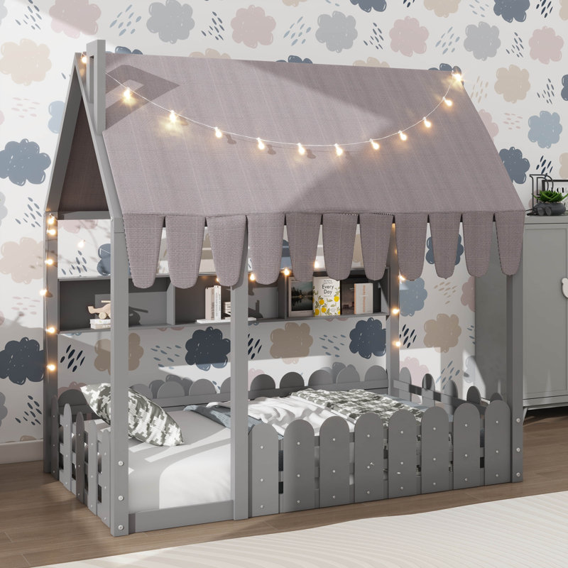Lit pour enfants de style Montessori, avec barrière de sécurité, auvent, éclairage et trois compartiments de rangement, Twin