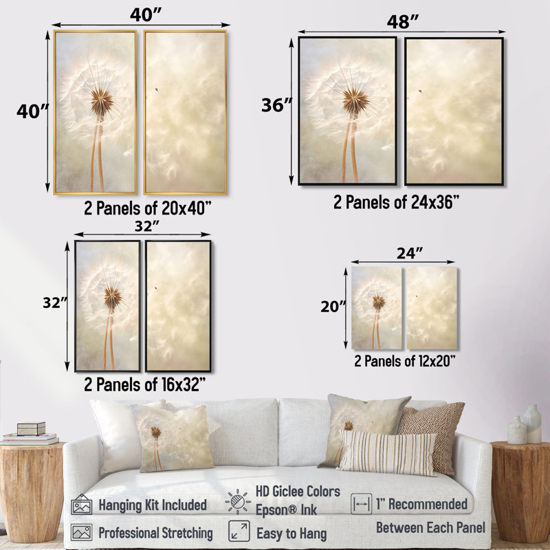 Ensemble de 2 décorations murales blanches White Dandelion Romantic Impression IV, 32" H x 32" W, Noir